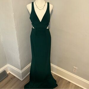 Faviana Deep V after dark Green Backless Gown